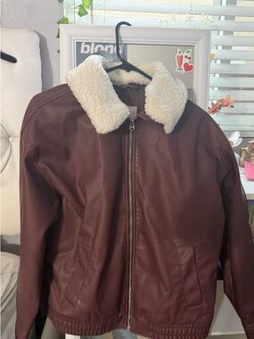 Hollister Burgundy Faux Leather Bomber Jacket with Cream Sherpa Collar